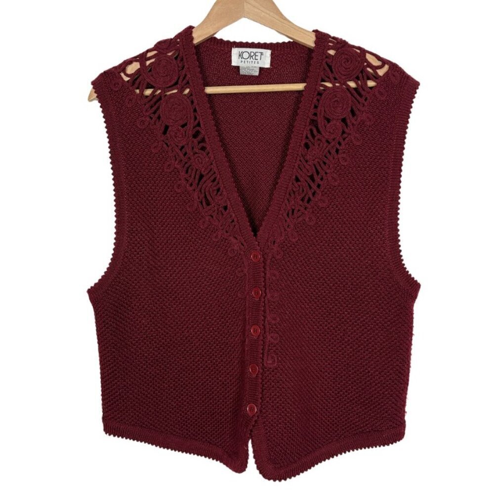 Vintage Koret Maroon Wool Blend Knit Unique Eyelet Sweater Vest Size: Large